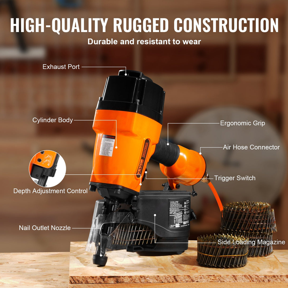 MCN90 Coil Framing Nailer 45mm to 90mm 15 Degree Pneumatic Nail Gun