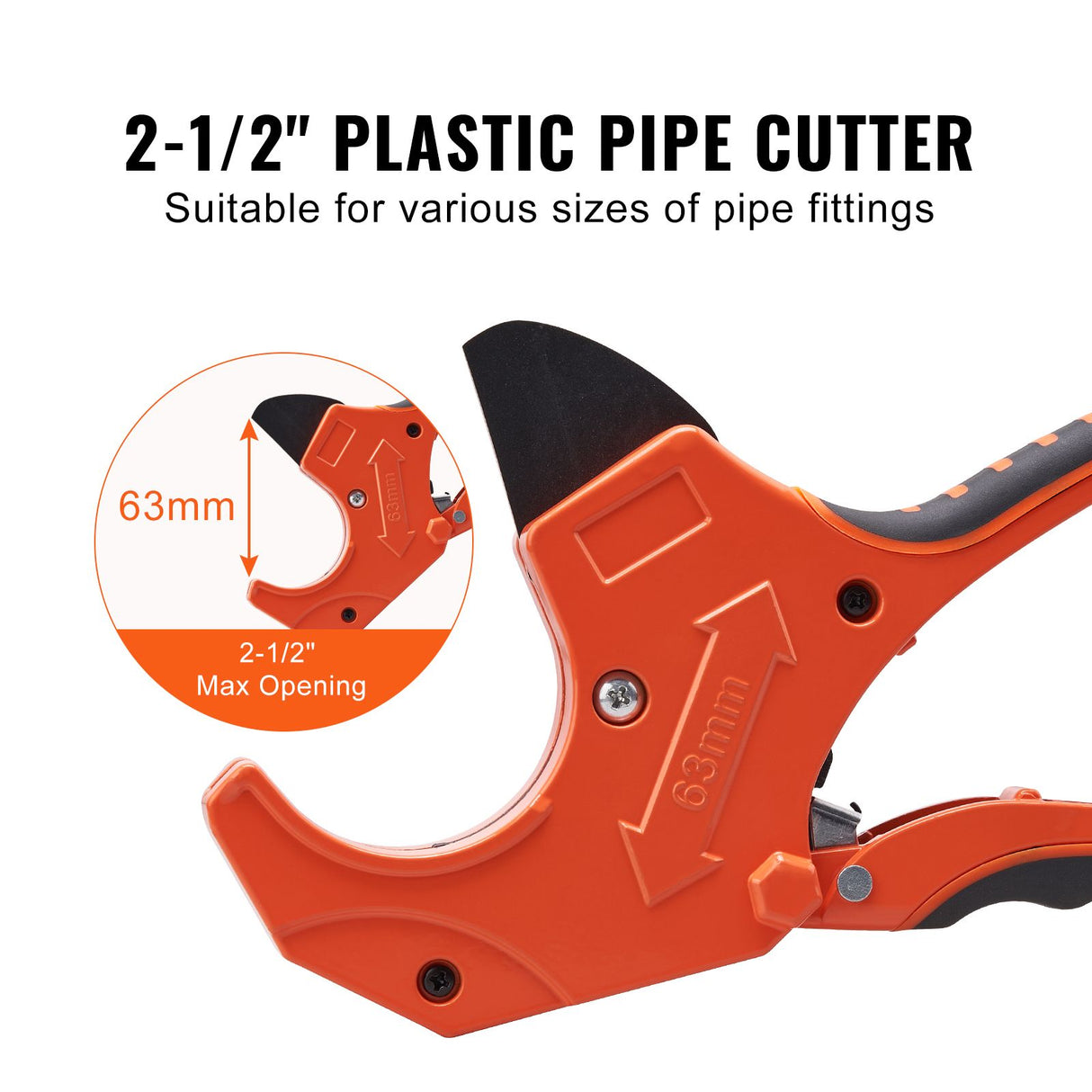 PVC Pipe Cutter, 0-2-1/2" O.D. Ratcheting PVC Pipe Cutter, Heavy Duty Tube Cutting Tool with Spare SK5 Blade for PVC, CPVC, PP-R, PEX, PE, Rubber Hoses