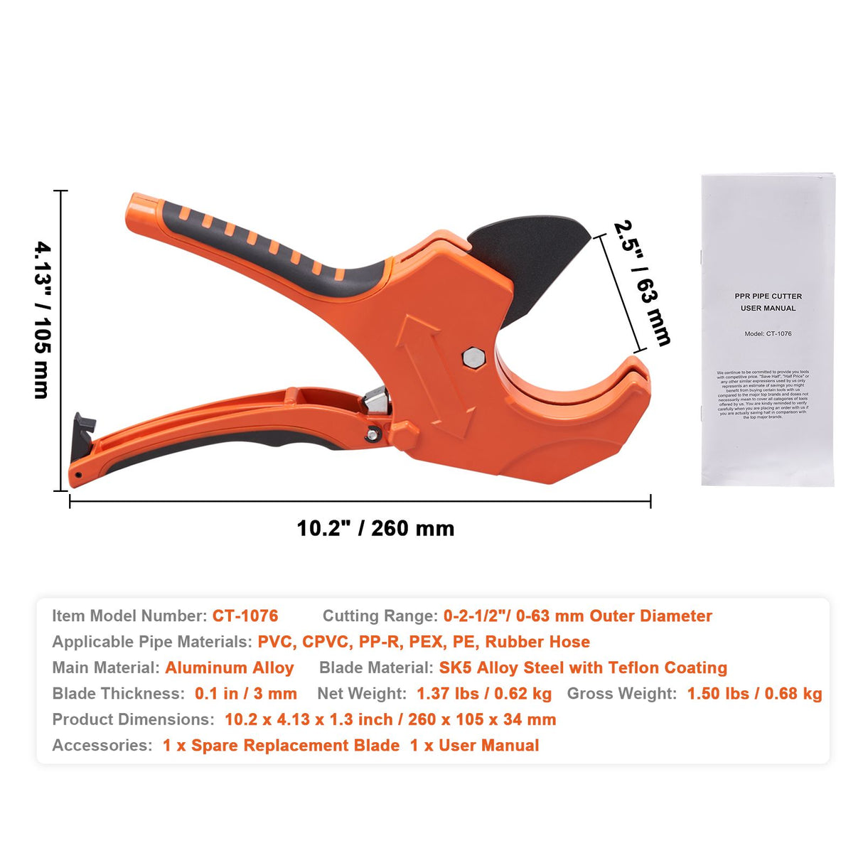 PVC Pipe Cutter, 0-2-1/2" O.D. Ratcheting PVC Pipe Cutter, Heavy Duty Tube Cutting Tool with Spare SK5 Blade for PVC, CPVC, PP-R, PEX, PE, Rubber Hoses