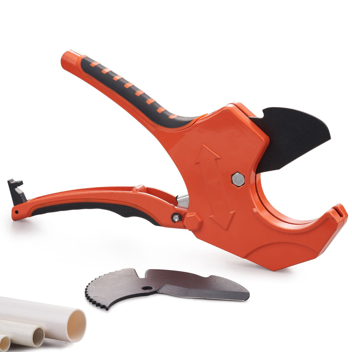 PVC Pipe Cutter, 0-2-1/2" O.D. Ratcheting PVC Pipe Cutter, Heavy Duty Tube Cutting Tool with Spare SK5 Blade for PVC, CPVC, PP-R, PEX, PE, Rubber Hoses