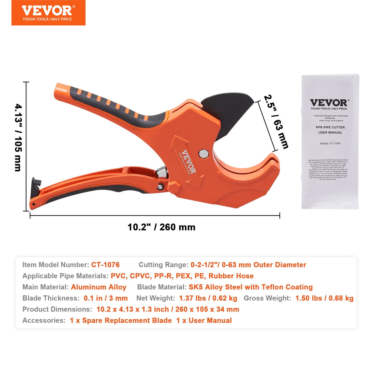 PVC Pipe Cutter, 0-2-1/2" O.D. Ratcheting PVC Pipe Cutter, Heavy Duty Tube Cutting Tool with Spare SK5 Blade for PVC, CPVC, PP-R, PEX, PE, Rubber Hoses