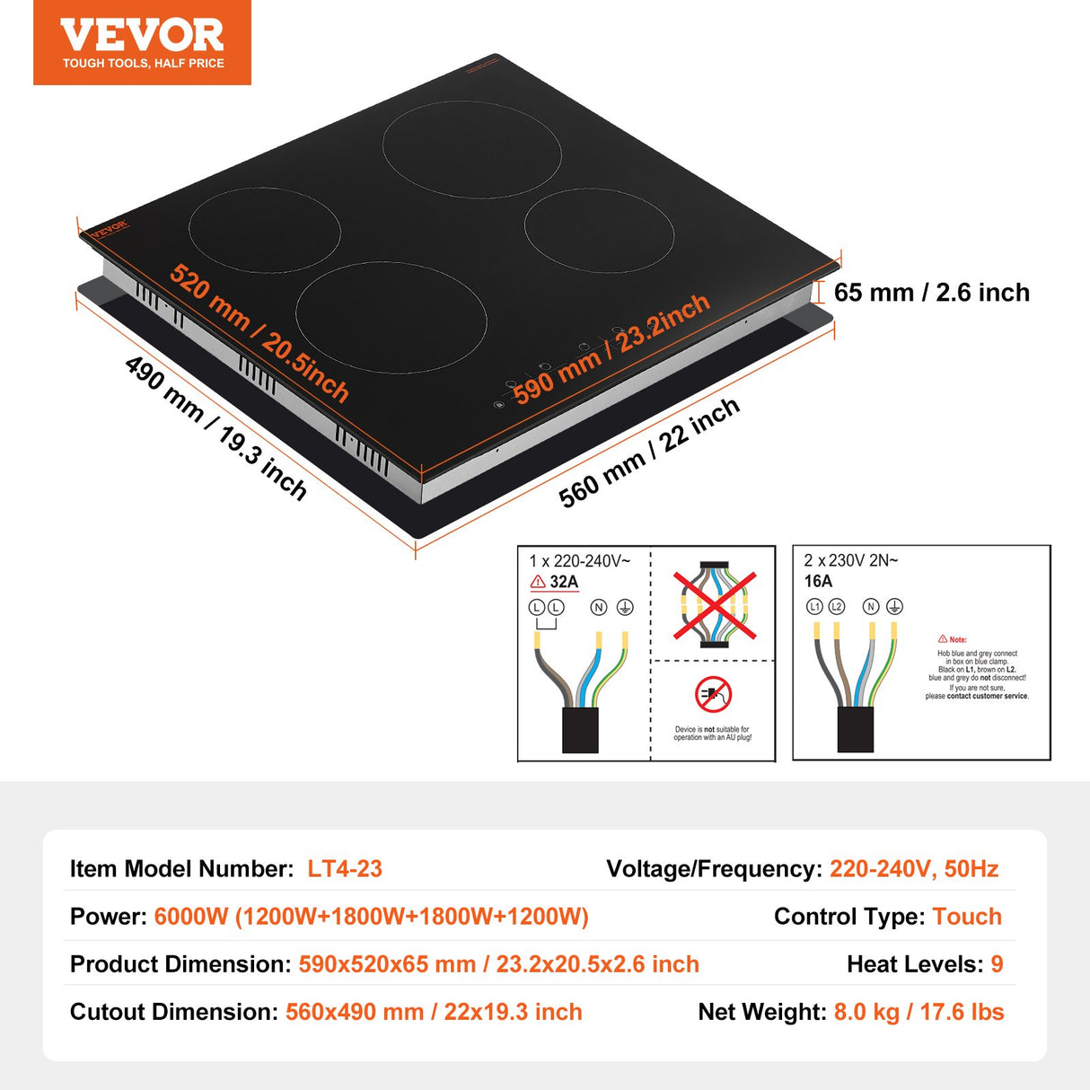 Built-in Electric Cooktop Radiant Ceramic Cooktop 4 Burners 23.2x20.5 inch