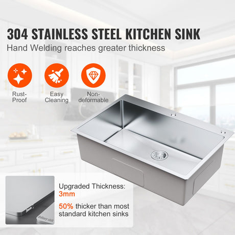 Kitchen Sink, 304 Stainless Steel Drop-In Sinks, Top Mount Single Bowl Basin with Accessories(Pack of 3), Household Dishwasher Sinks for Workstation, RV, Prep Kitchen, and Bar Sink, 33 inch