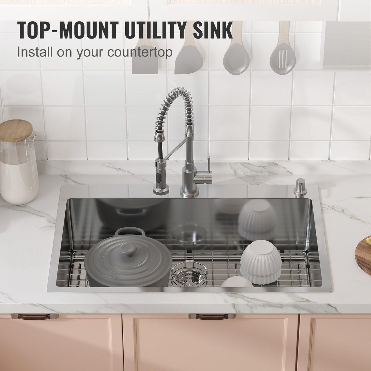 Kitchen Sink, 304 Stainless Steel Drop-In Sinks, Top Mount Single Bowl Basin with Accessories(Pack of 3), Household Dishwasher Sinks for Workstation, RV, Prep Kitchen, and Bar Sink, 33 inch