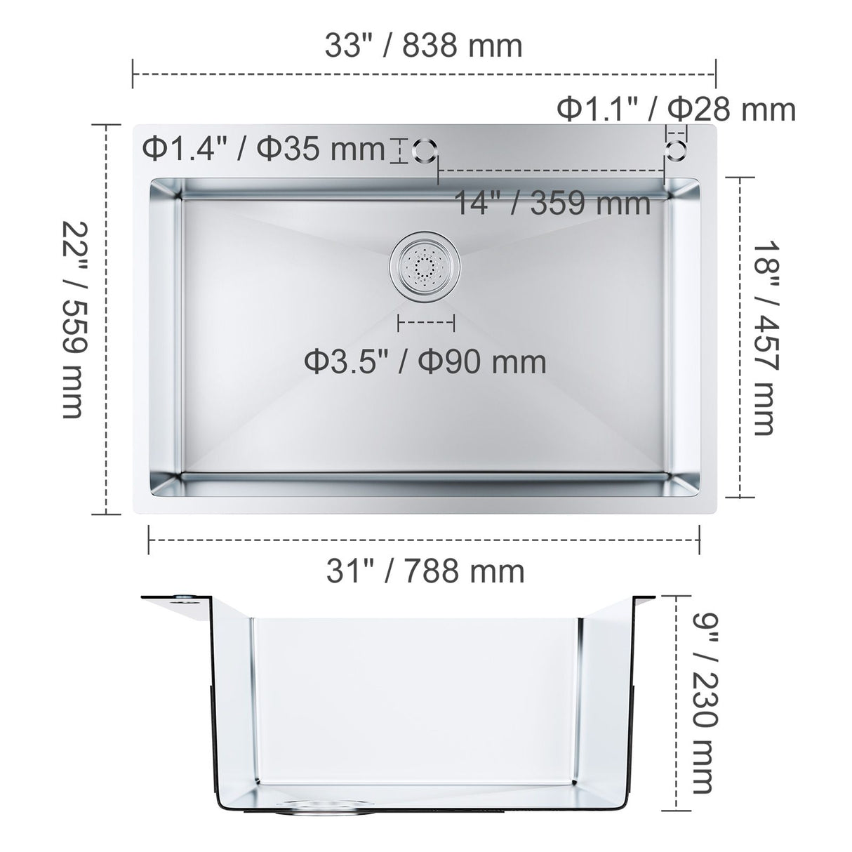 Kitchen Sink, 304 Stainless Steel Drop-In Sinks, Top Mount Single Bowl Basin with Accessories(Pack of 3), Household Dishwasher Sinks for Workstation, RV, Prep Kitchen, and Bar Sink, 33 inch
