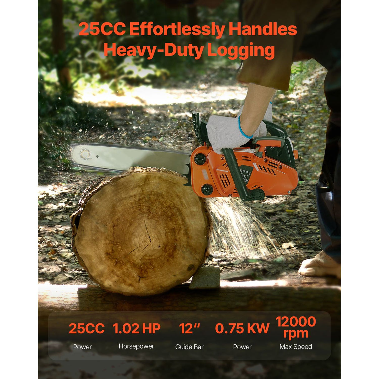 25 cc Gas Chainsaw, 305 mm Gas Powered Chainsaw, 0.75 kW Power Chain Saw with Non-Slip Handle, Gas-Powered Chainsaws with Dual Fuel Tanks, For Wood Cutting, Tree Trimming, and Land Clearing