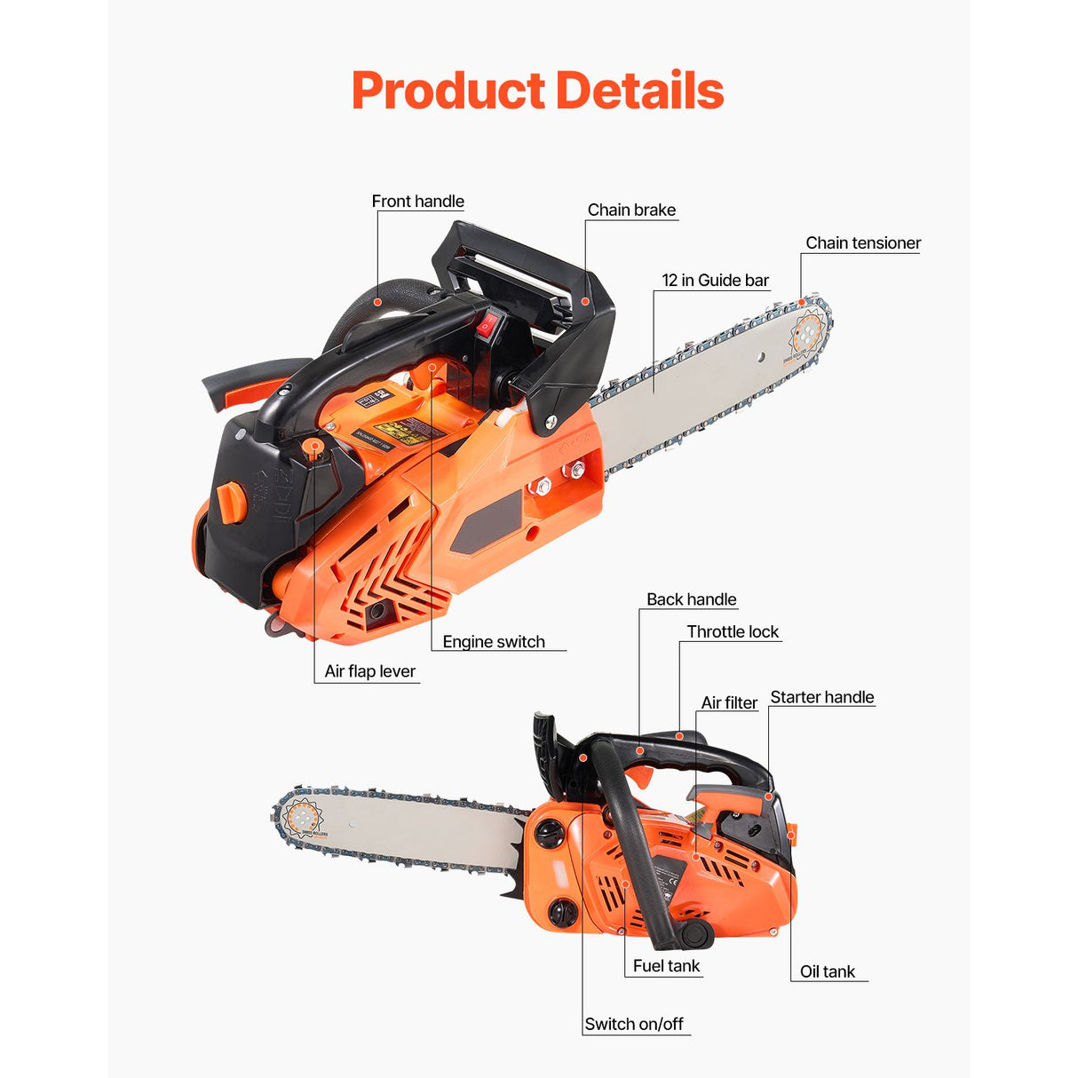 25 cc Gas Chainsaw, 305 mm Gas Powered Chainsaw, 0.75 kW Power Chain Saw with Non-Slip Handle, Gas-Powered Chainsaws with Dual Fuel Tanks, For Wood Cutting, Tree Trimming, and Land Clearing