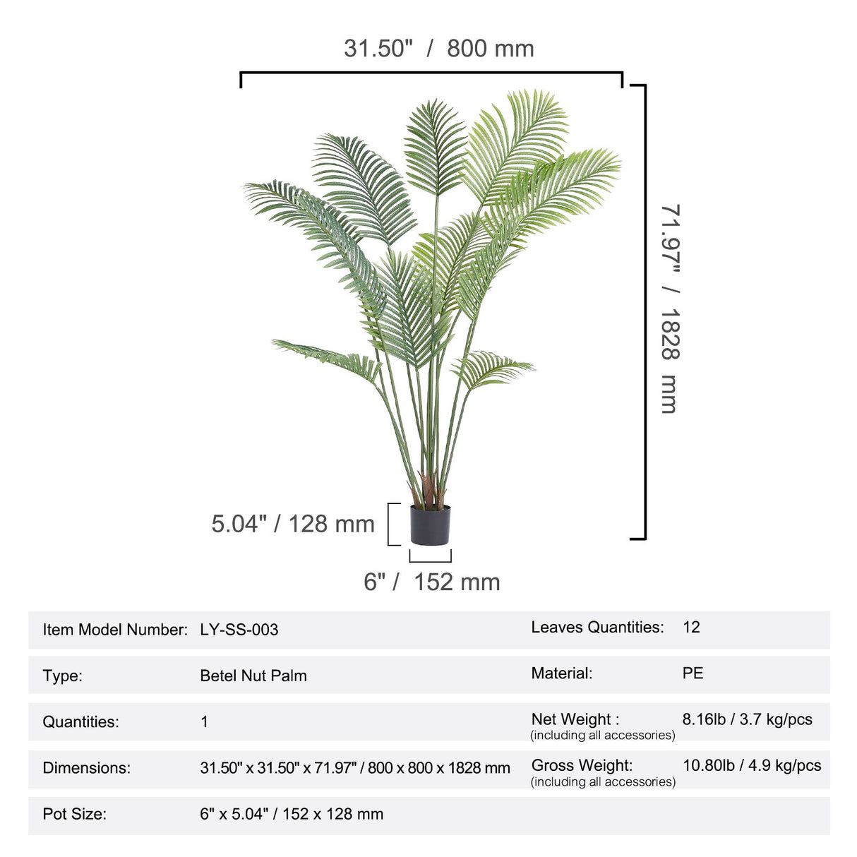 Artificial Palm Tree, 1.8mTall Faux Plant, Secure PE Material & Anti-Tip Tilt Protection Low-Maintenance Plant, Lifelike Green Fake Tree for Home Office Warehouse Decor Indoor Outdoor