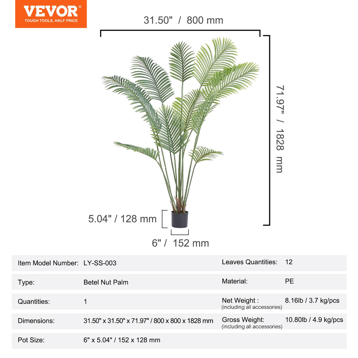 Artificial Palm Tree, 1.8mTall Faux Plant, Secure PE Material & Anti-Tip Tilt Protection Low-Maintenance Plant, Lifelike Green Fake Tree for Home Office Warehouse Decor Indoor Outdoor