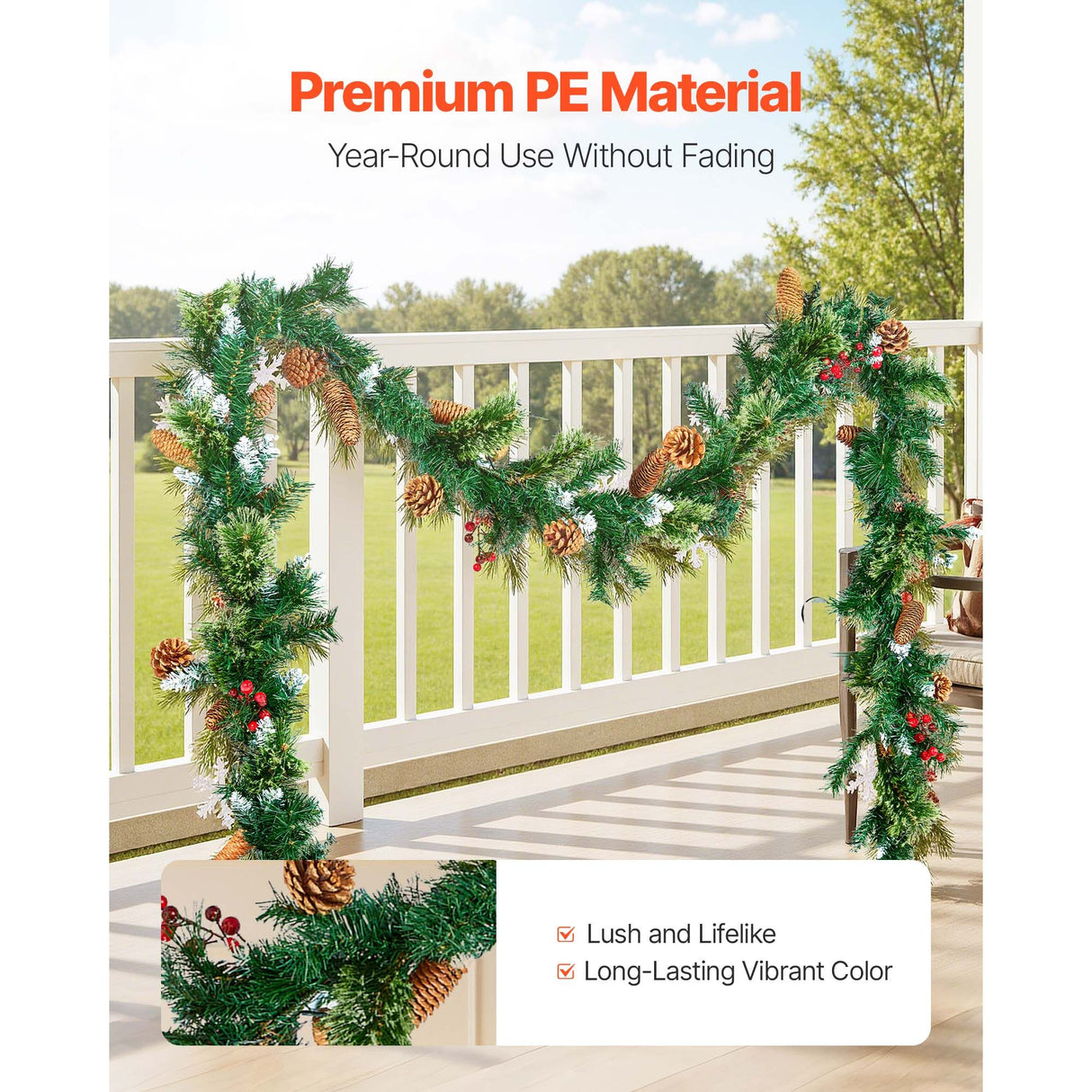 VEVOR Christmas Garland, 2750mm Artificial Christmas Garland with Light String, Faux Greenery Decoration with Berry Clusters, Pine Needles, Pine Cones, Realistic Xmas Collection for Mantel Fireplace