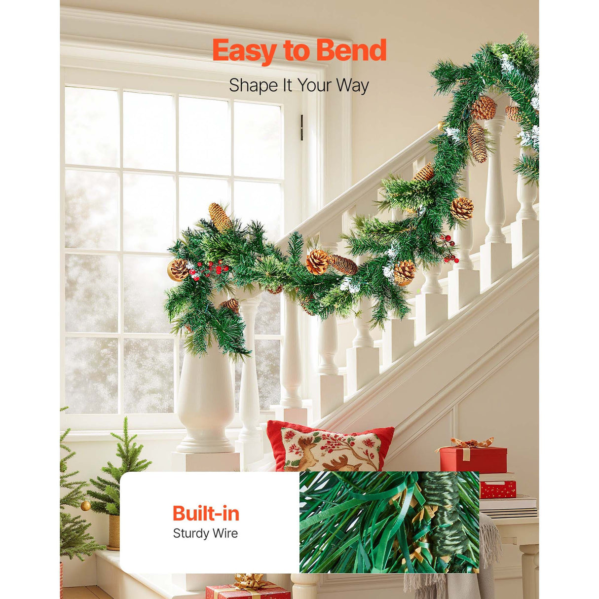 VEVOR Christmas Garland, 2750mm Artificial Christmas Garland with Light String, Faux Greenery Decoration with Berry Clusters, Pine Needles, Pine Cones, Realistic Xmas Collection for Mantel Fireplace