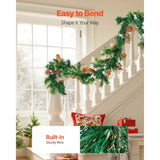 VEVOR Christmas Garland, 2750mm Artificial Christmas Garland with Light String, Faux Greenery Decoration with Berry Clusters, Pine Needles, Pine Cones, Realistic Xmas Collection for Mantel Fireplace