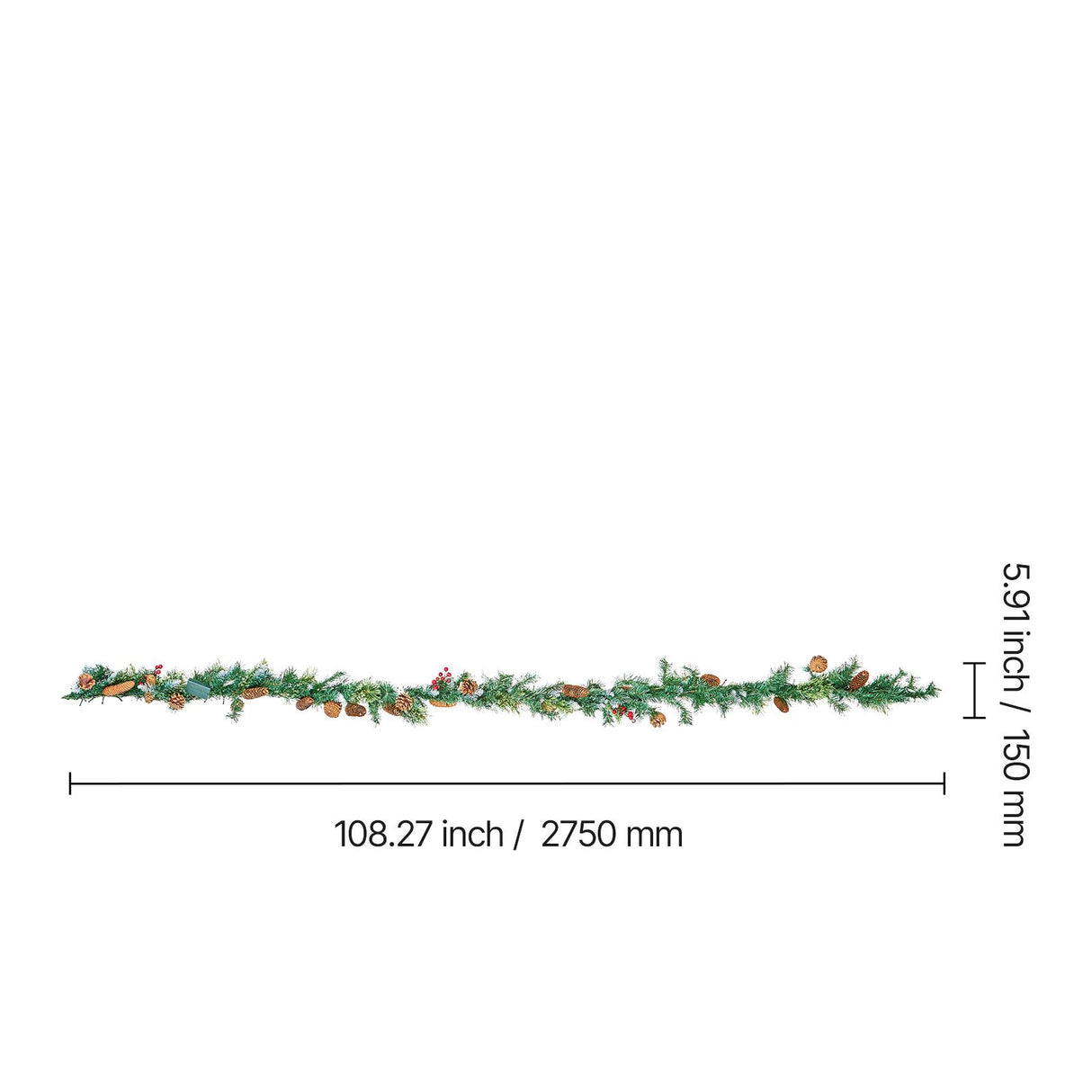 VEVOR Christmas Garland, 2750mm Artificial Christmas Garland with Light String, Faux Greenery Decoration with Berry Clusters, Pine Needles, Pine Cones, Realistic Xmas Collection for Mantel Fireplace