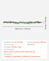 VEVOR Christmas Garland, 2750mm Artificial Christmas Garland with Light String, Faux Greenery Decoration with Berry Clusters, Pine Needles, Pine Cones, Realistic Xmas Collection for Mantel Fireplace