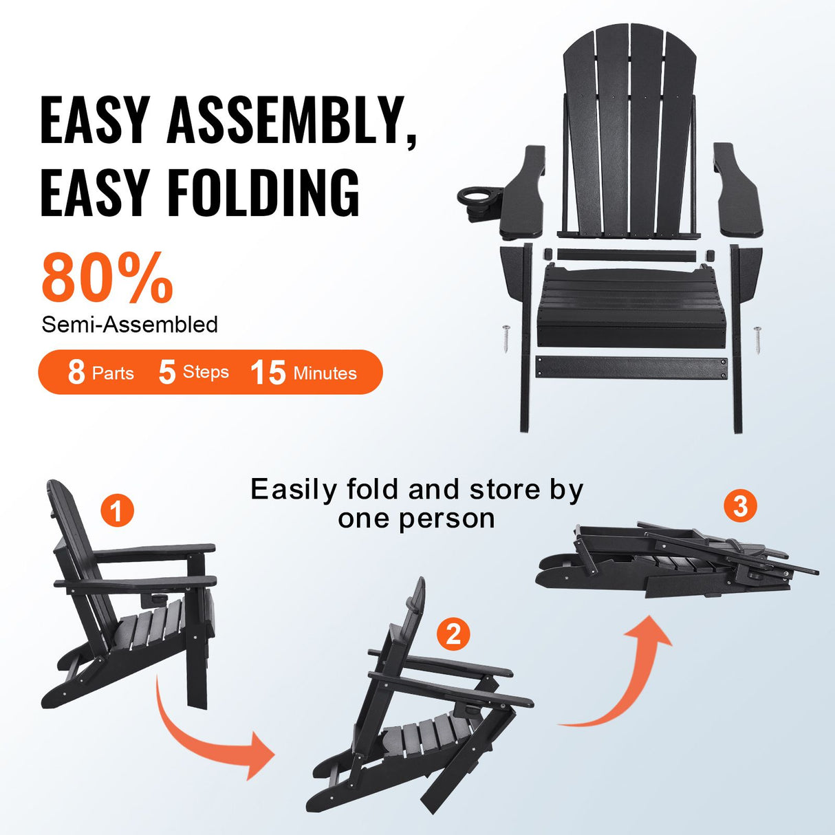 VEVOR Adirondack Chair Plastic, Set of 2 All-Weather Portable Folding Fire Pit Chair, Outdoor Adirondack Patio Chair with Cup Holder, with Relaxing Arm Rest Ergonomic, for Garden, Backyard - Black