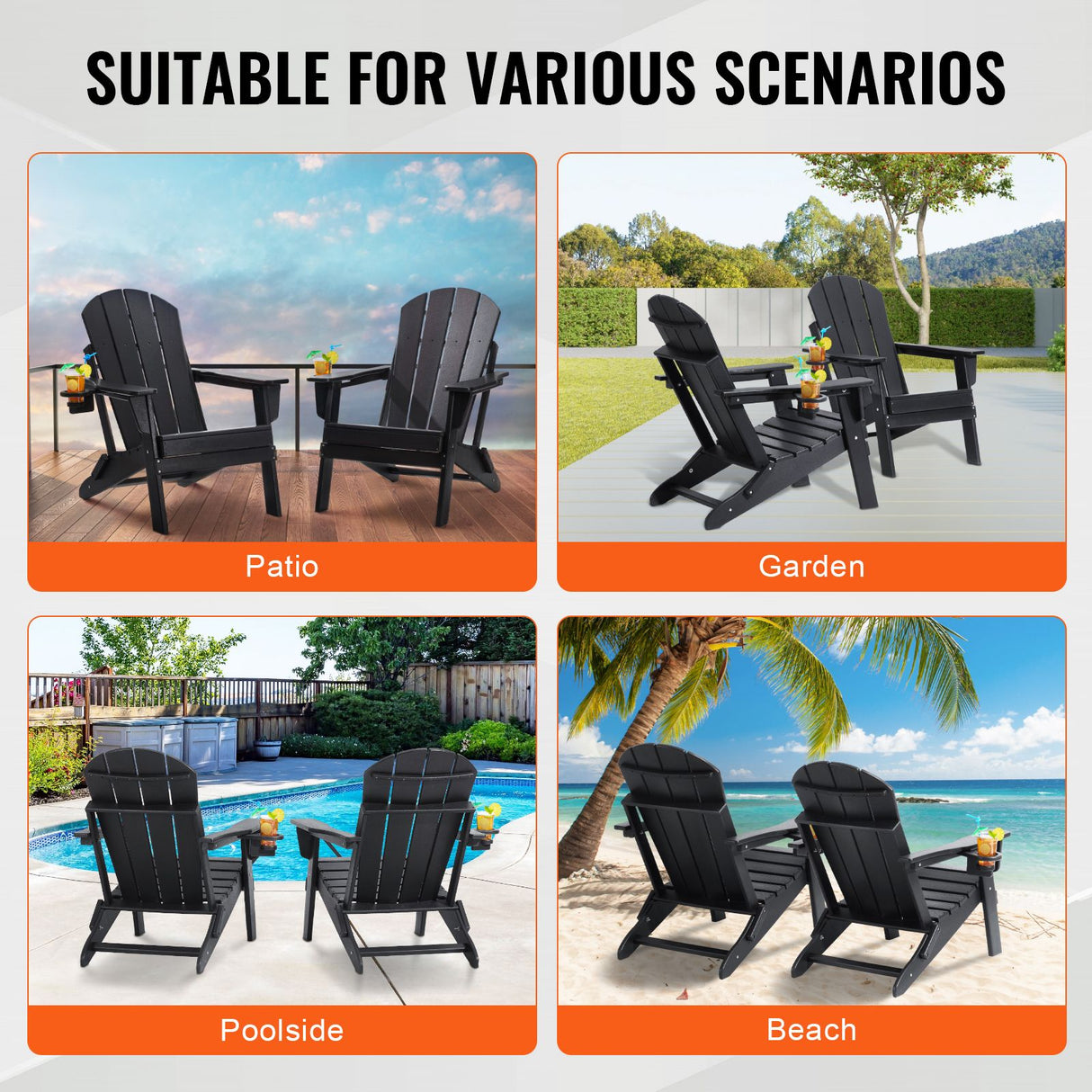 VEVOR Adirondack Chair Plastic, Set of 2 All-Weather Portable Folding Fire Pit Chair, Outdoor Adirondack Patio Chair with Cup Holder, with Relaxing Arm Rest Ergonomic, for Garden, Backyard - Black
