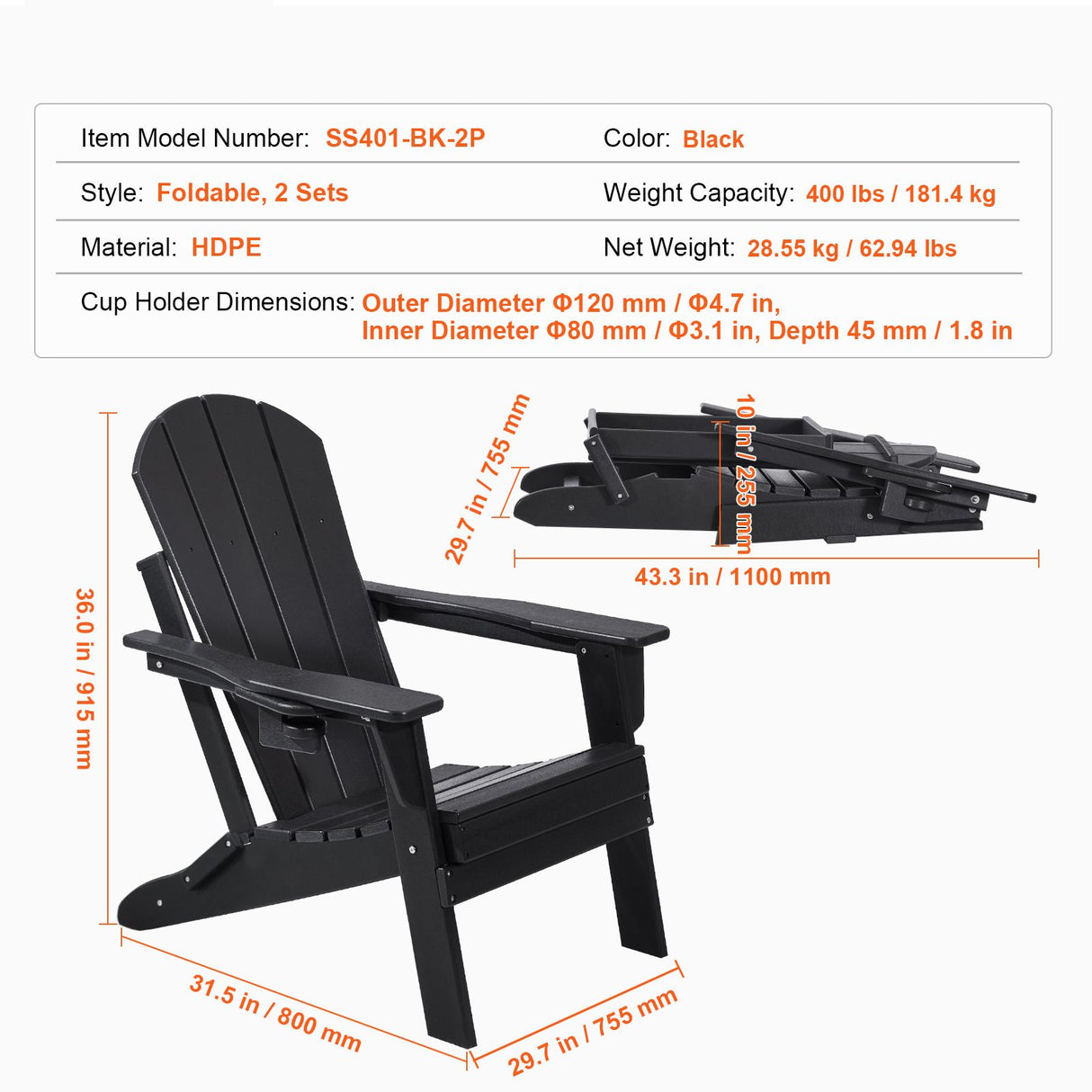 VEVOR Adirondack Chair Plastic, Set of 2 All-Weather Portable Folding Fire Pit Chair, Outdoor Adirondack Patio Chair with Cup Holder, with Relaxing Arm Rest Ergonomic, for Garden, Backyard - Black