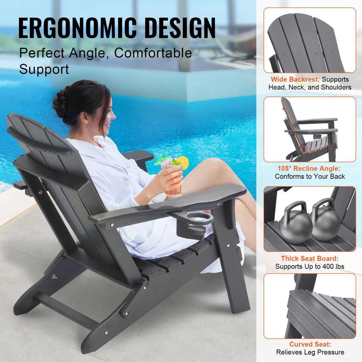 VEVOR Adirondack Chair Plastic, Set of 2 All-Weather Portable Folding Fire Pit Chair, Outdoor Adirondack Patio Chair with Cup Holder, with Relaxing Arm Rest Ergonomic, for Garden, Backyard - Gray