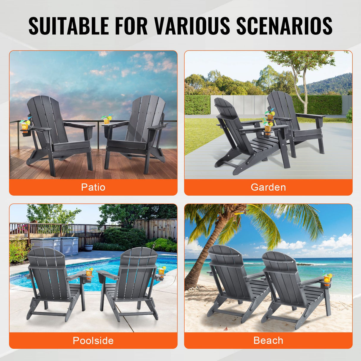 VEVOR Adirondack Chair Plastic, Set of 2 All-Weather Portable Folding Fire Pit Chair, Outdoor Adirondack Patio Chair with Cup Holder, with Relaxing Arm Rest Ergonomic, for Garden, Backyard - Gray