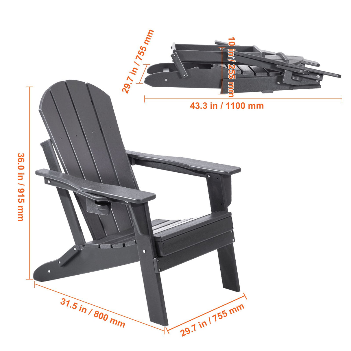 VEVOR Adirondack Chair Plastic, Set of 2 All-Weather Portable Folding Fire Pit Chair, Outdoor Adirondack Patio Chair with Cup Holder, with Relaxing Arm Rest Ergonomic, for Garden, Backyard - Gray