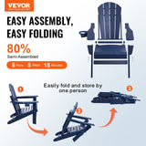 VEVOR Adirondack Chair Plastic, Set of 2 All-Weather Portable Folding Fire Pit Chair, Outdoor Adirondack Patio Chair with Cup Holder, with Relaxing Arm Rest Ergonomic, for Garden, Backyard Navy Blue