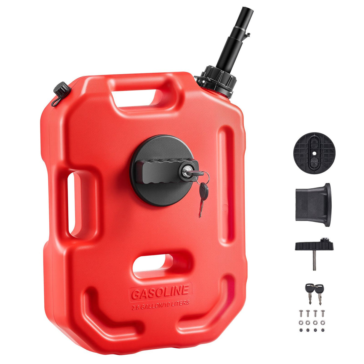 Fuel Container, 10 L, Gas Can with Spout and Lockable Bracket, 15 L/min Max Flow Rate, Secure & Leak-proof, Portable Flat Fluid Container for Most Cars Motorcycle ATV UTV, Red