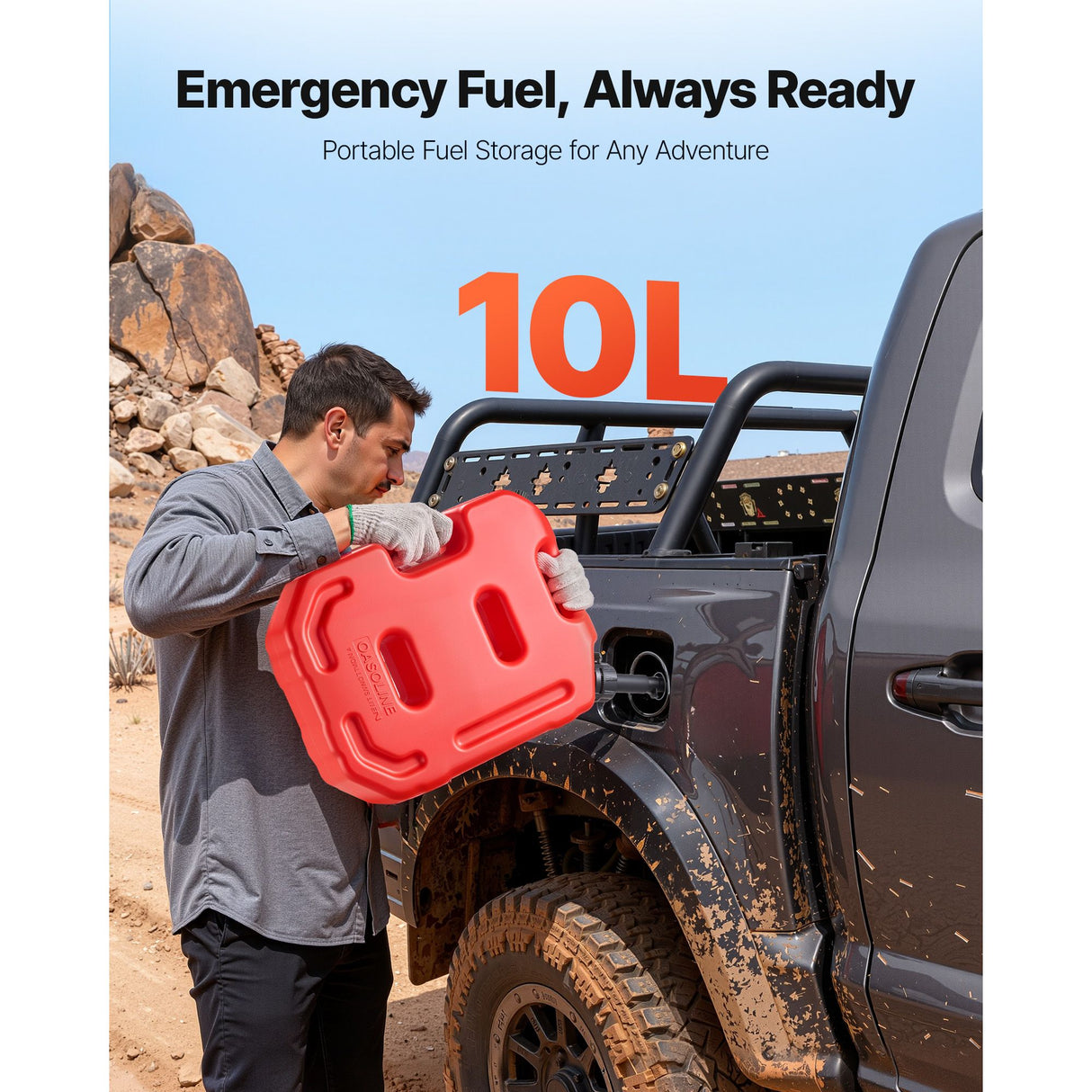 Fuel Container, 10 L, Gas Can with Spout and Lockable Bracket, 15 L/min Max Flow Rate, Secure & Leak-proof, Portable Flat Fluid Container for Most Cars Motorcycle ATV UTV, Red