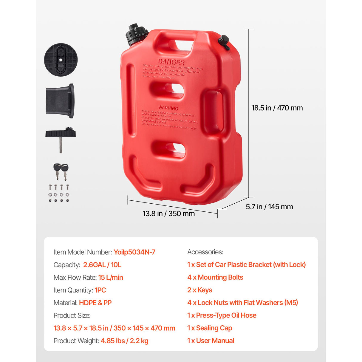 Fuel Container, 10 L, Gas Can with Spout and Lockable Bracket, 15 L/min Max Flow Rate, Secure & Leak-proof, Portable Flat Fluid Container for Most Cars Motorcycle ATV UTV, Red