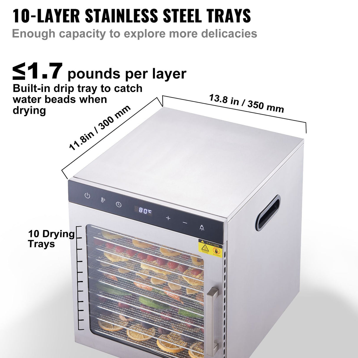 10 Trays Food Dehydrator Machine Stainless Steel 800W Jerky Fruit Drying