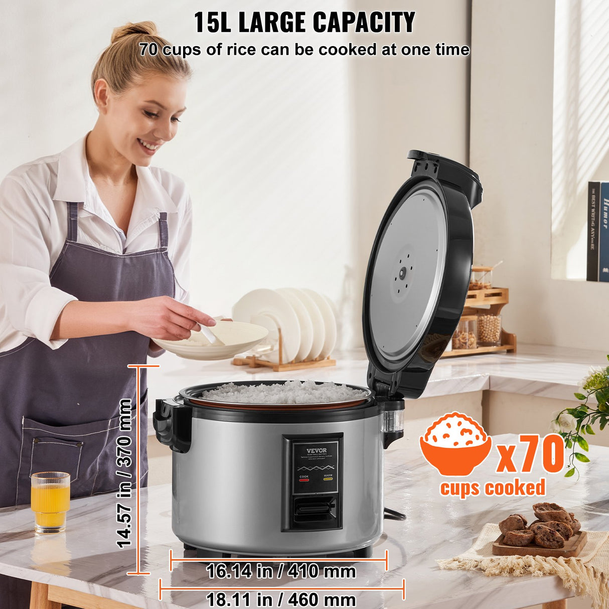 VEVOR Commercial Rice Cooker, 70-Cup Rice Cooker, 15 Liter Large Rice Cooker and Warmer with Nonstick Inner Pot, Fast Cooking and 12-Hour Keep Warm, with Rice Cup and Paddle, for Restaurant