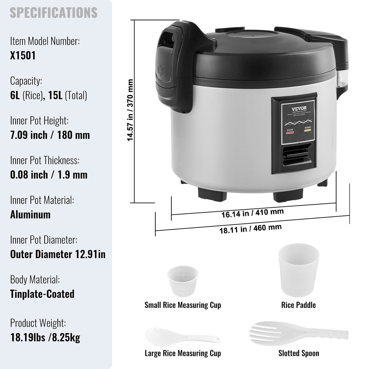 VEVOR Commercial Rice Cooker, 70-Cup Rice Cooker, 15 Liter Large Rice Cooker and Warmer with Nonstick Inner Pot, Fast Cooking and 12-Hour Keep Warm, with Rice Cup and Paddle, for Restaurant