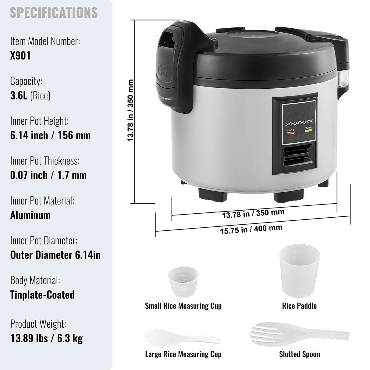 Commercial Rice Cooker, 45-Cup Rice Cooker, 9 Liter Large Rice Cooker and Warmer with Nonstick Inner Pot, Fast Cooking and 12-Hour Keep Warm, with Rice Cup and Paddle, for Restaurant