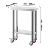 Stainless Steel Work Table with Wheels 24 x 12 x 32 Inch Prep Table with 4 Casters Heavy Duty Work Table for Commercial Kitchen Restaurant Business