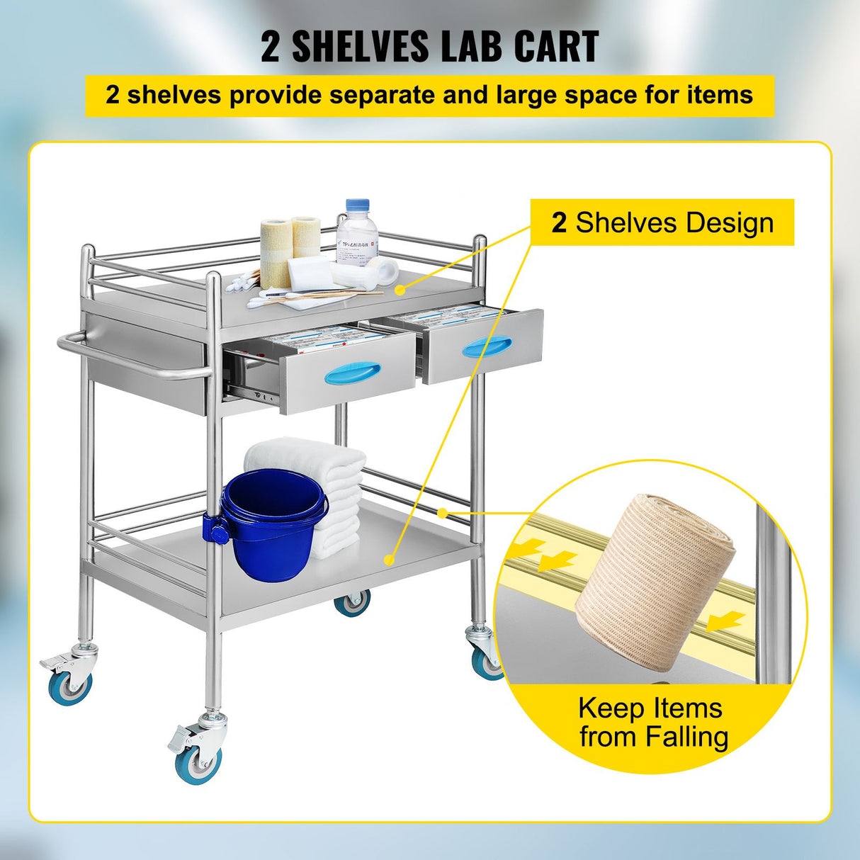 VEVOR Lab Serving Cart, 2 Layers Stainless Steel Utility Rolling Cart, Medical Cart with Two Drawers, Dental Utility Cart with Lockable Wheels and A Bucket, for Laboratory, Hospital, Dental Use
