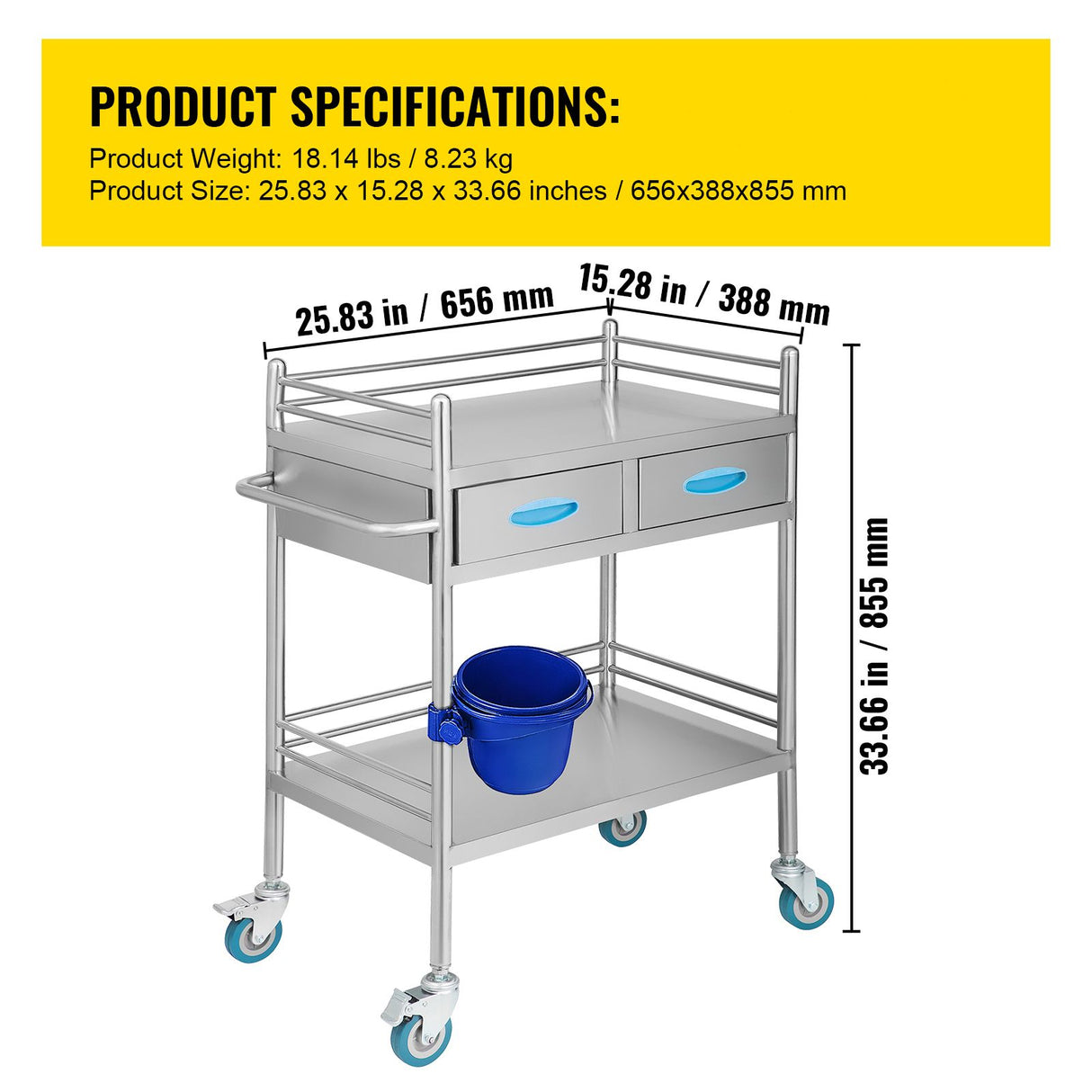 VEVOR Lab Serving Cart, 2 Layers Stainless Steel Utility Rolling Cart, Medical Cart with Two Drawers, Dental Utility Cart with Lockable Wheels and A Bucket, for Laboratory, Hospital, Dental Use