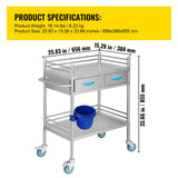 VEVOR Lab Serving Cart, 2 Layers Stainless Steel Utility Rolling Cart, Medical Cart with Two Drawers, Dental Utility Cart with Lockable Wheels and A Bucket, for Laboratory, Hospital, Dental Use