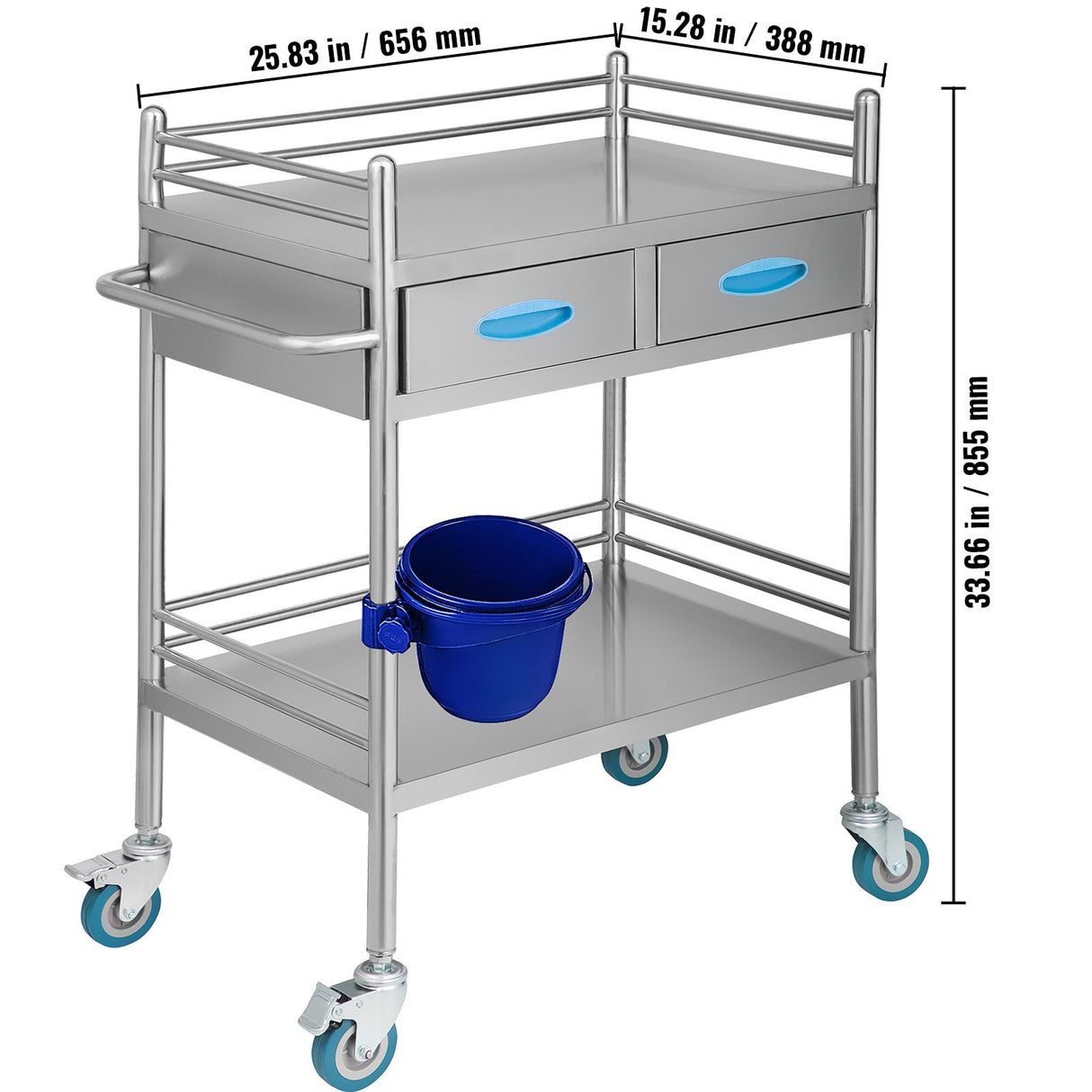 VEVOR Lab Serving Cart, 2 Layers Stainless Steel Utility Rolling Cart, Medical Cart with Two Drawers, Dental Utility Cart with Lockable Wheels and A Bucket, for Laboratory, Hospital, Dental Use