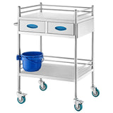VEVOR Lab Serving Cart, 2 Layers Stainless Steel Utility Rolling Cart, Medical Cart with Two Drawers, Dental Utility Cart with Lockable Wheels and A Bucket, for Laboratory, Hospital, Dental Use