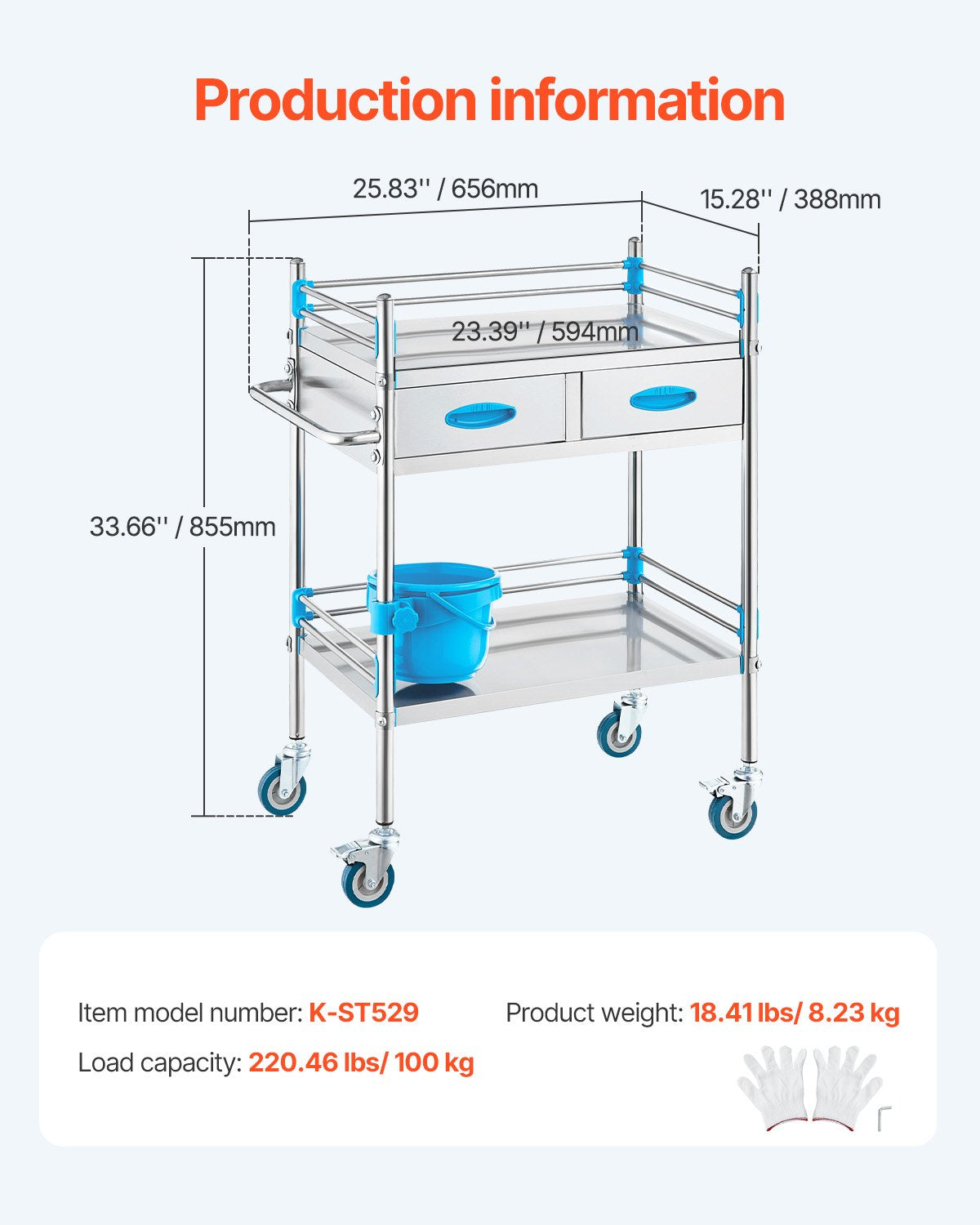 VEVOR Lab Serving Cart, 2 Layers Stainless Steel Utility Rolling Cart, Medical Cart with Two Drawers, Dental Utility Cart with Lockable Wheels and A Bucket, for Laboratory, Hospital, Dental Use
