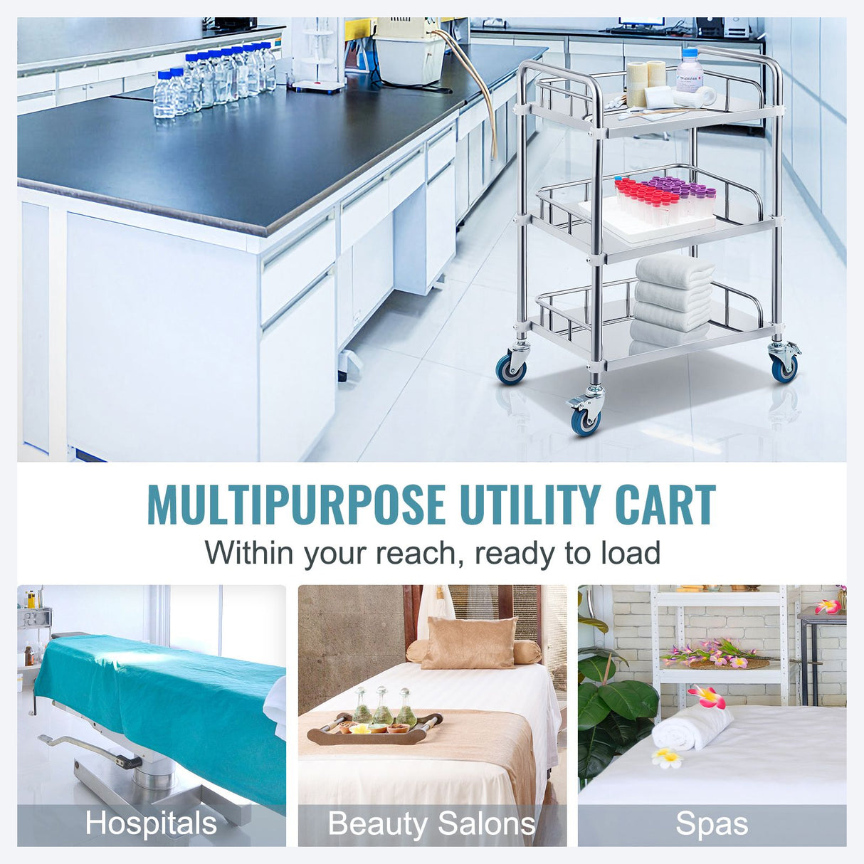 VEVOR Lab Rolling Cart, 3-Shelf Stainless Steel Rolling Cart, Lab Serving Cart with Swivel Casters, Dental Utility Cart for Clinic, Lab,  Hospital, Salon, 26.38"x15.55"x34.13"