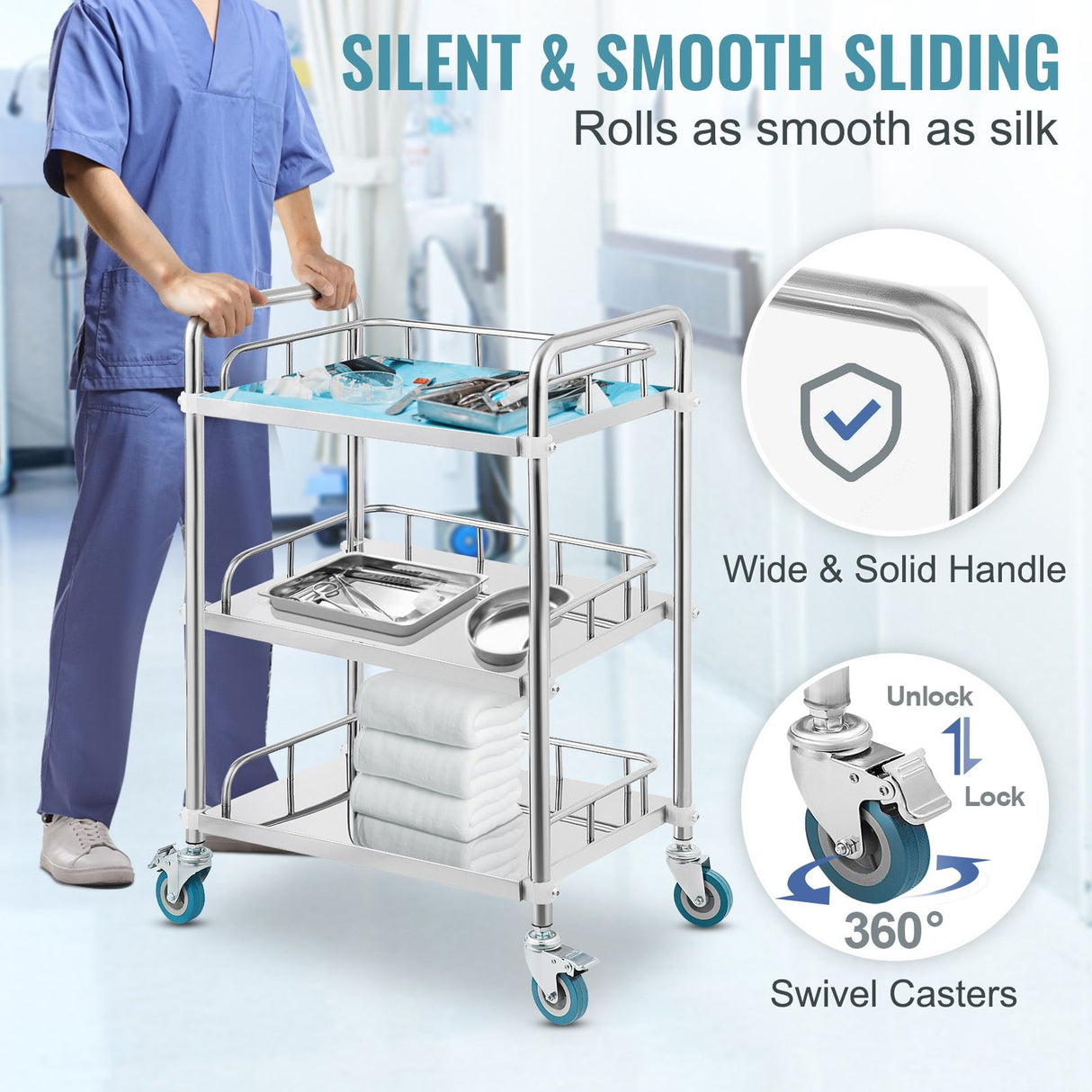 VEVOR Lab Rolling Cart, 3-Shelf Stainless Steel Rolling Cart, Lab Serving Cart with Swivel Casters, Dental Utility Cart for Clinic, Lab,  Hospital, Salon, 26.38"x15.55"x34.13"