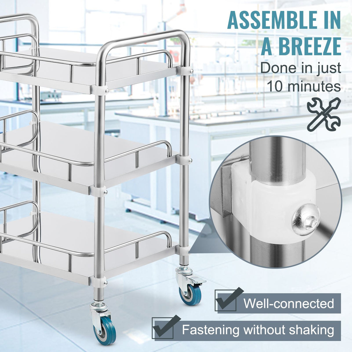 VEVOR Lab Rolling Cart, 3-Shelf Stainless Steel Rolling Cart, Lab Serving Cart with Swivel Casters, Dental Utility Cart for Clinic, Lab,  Hospital, Salon, 26.38"x15.55"x34.13"