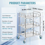 VEVOR Lab Rolling Cart, 3-Shelf Stainless Steel Rolling Cart, Lab Serving Cart with Swivel Casters, Dental Utility Cart for Clinic, Lab,  Hospital, Salon, 26.38"x15.55"x34.13"