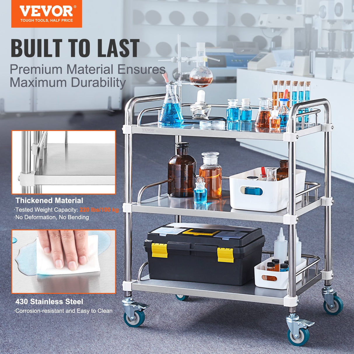 VEVOR Lab Rolling Cart, 3-Shelf Stainless Steel Rolling Cart, Lab Serving Cart with Swivel Casters, Dental Utility Cart for Clinic, Lab,  Hospital, Salon, 26.38"x15.55"x34.13"