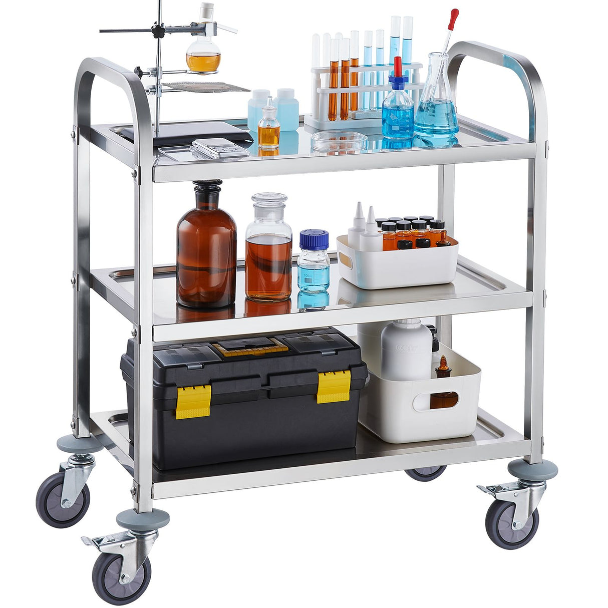 VEVOR Stainless Steel Cart, 3 Layers Lab Utility Cart 181 kg Weight Capacity, Medical Cart with Lockable Universal Wheels, for Lab, Clinic, Kitchen, Salon