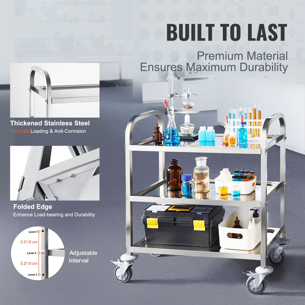 VEVOR Stainless Steel Cart, 3 Layers Lab Utility Cart 181 kg Weight Capacity, Medical Cart with Lockable Universal Wheels, for Lab, Clinic, Kitchen, Salon