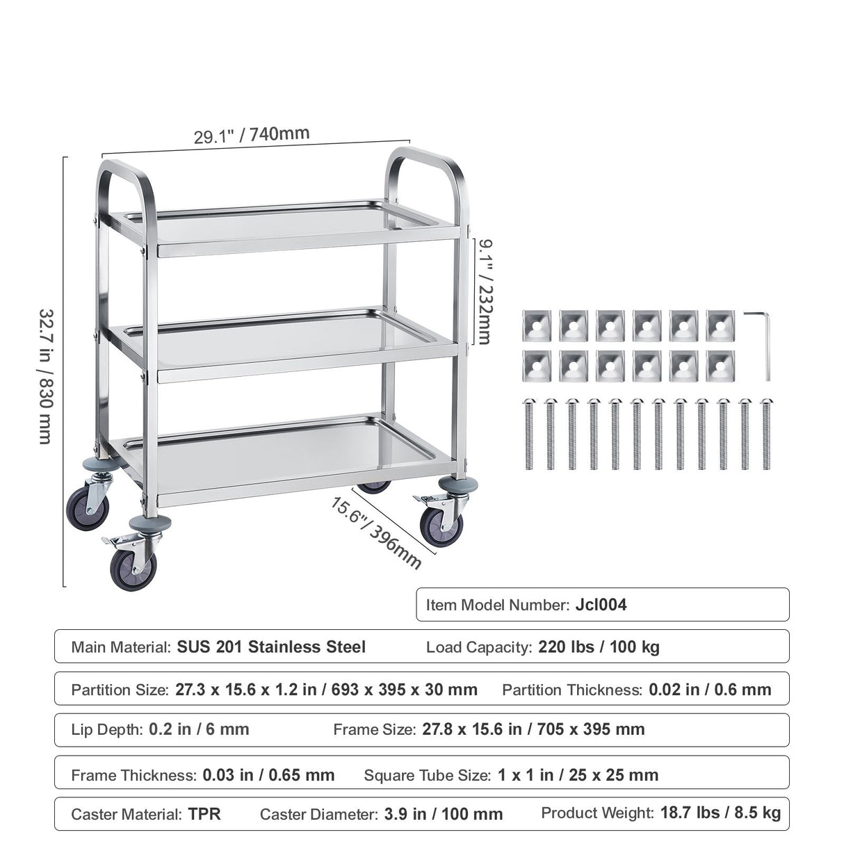 VEVOR Stainless Steel Cart, 3 Layers Lab Utility Cart 181 kg Weight Capacity, Medical Cart with Lockable Universal Wheels, for Lab, Clinic, Kitchen, Salon