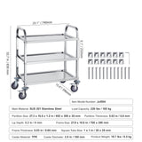VEVOR Stainless Steel Cart, 3 Layers Lab Utility Cart 181 kg Weight Capacity, Medical Cart with Lockable Universal Wheels, for Lab, Clinic, Kitchen, Salon
