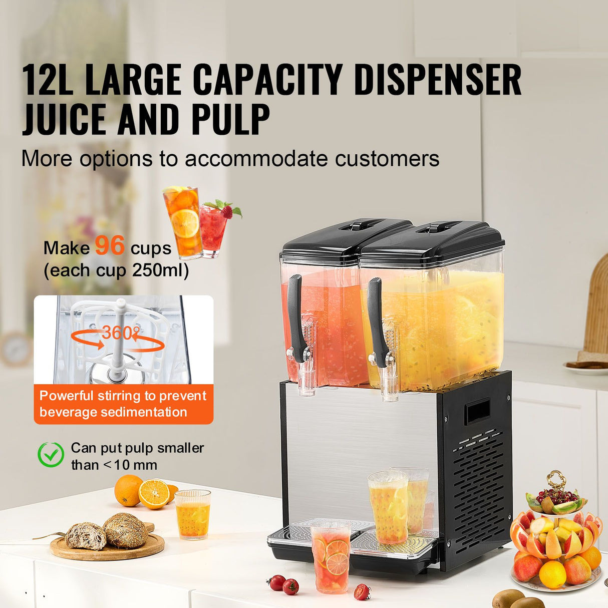 VEVOR Commercial Beverage Dispenser, 2 Tanks 12 L Per Tank Juice Dispenser, 286W Stainless Steel Ice Tea Drink Machine with 7℃-12℃ Cooling Temperature, for Cold Drink Restaurant Bar Party