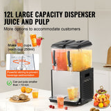 VEVOR Commercial Beverage Dispenser, 2 Tanks 12 L Per Tank Juice Dispenser, 286W Stainless Steel Ice Tea Drink Machine with 7℃-12℃ Cooling Temperature, for Cold Drink Restaurant Bar Party